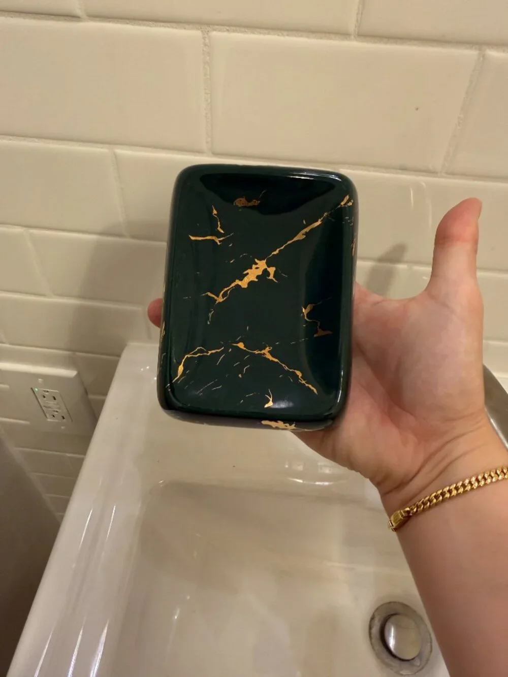 Elegant Emerald Green & Gold Marble Ceramic Soap Dish